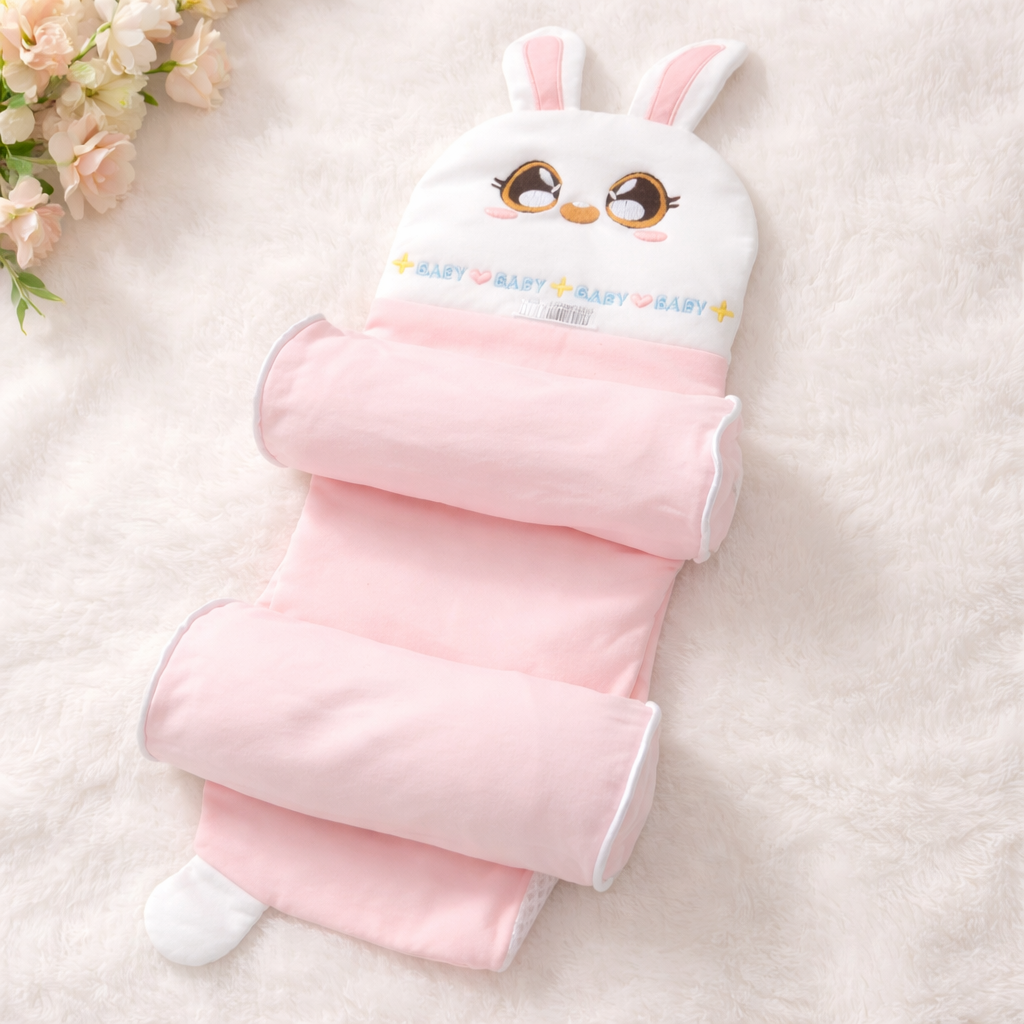 SMILE BABY Adjustable Baby Head Shaping Pillow with Natural Millet Filling | Soft Bunny Design Infant Support Pillow | Breathable Cotton, Washable & Skin-Friendly (Pink)