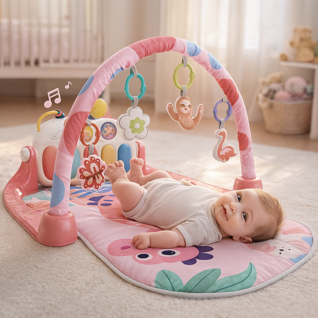 Smile Baby Pedal Piano & Fitness Mat | Pink Dinosaur Theme | Musical Kick Piano, Hanging Sensory Toys, Soft Washable Mat, Tummy Time Gym for Newborn to 36 Months