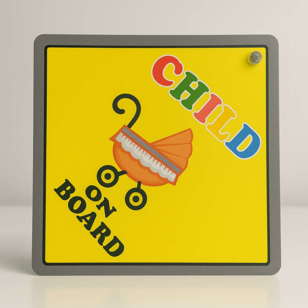 Baby/Child On Board Car Sign – Bright Yellow Safety Sign with Cute Stroller Design & Suction Cup