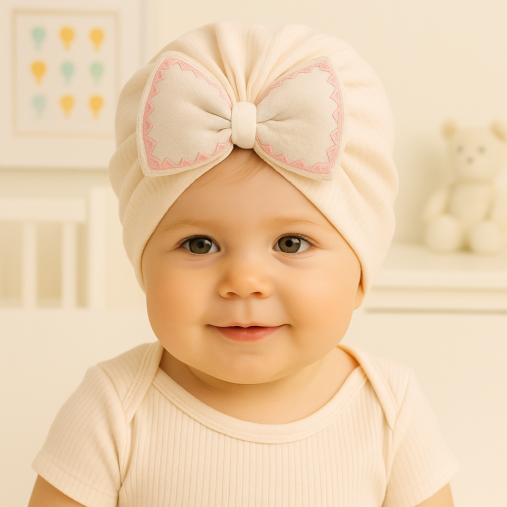 Baby Soft Bow Turban Cap for Girls – 0 to 24 Months | Ultra-Soft Cotton Rib Fabric | Newborn to Toddler Headwrap | Color Options: CREAM, Pink, Blue