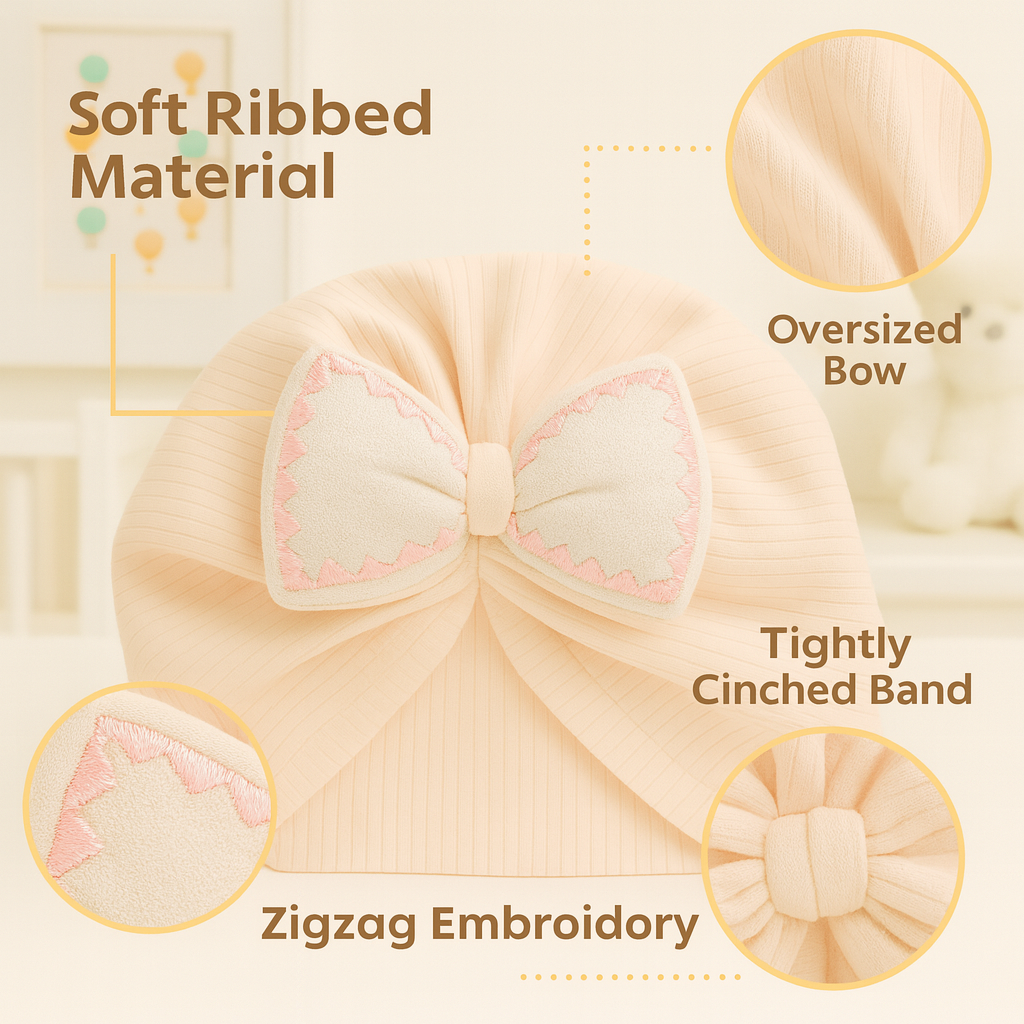 Baby Soft Bow Turban Cap for Girls – 0 to 24 Months | Ultra-Soft Cotton Rib Fabric | Newborn to Toddler Headwrap | Color Options: CREAM, Pink, Blue