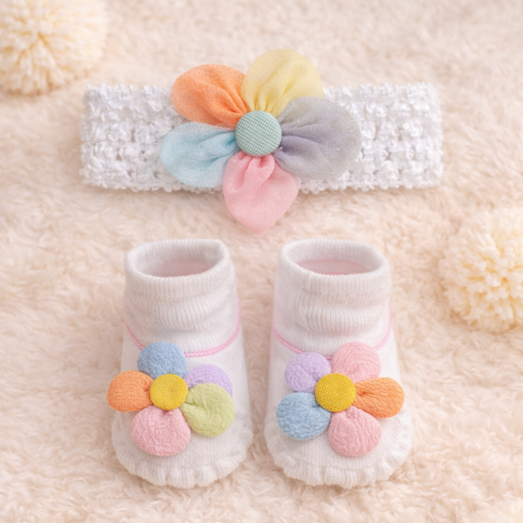 SMILE BABY Flower Headband & Socks Set for Baby Girls – Pastel Multicolor Floral Design (Pink / Multi, White / Multi)