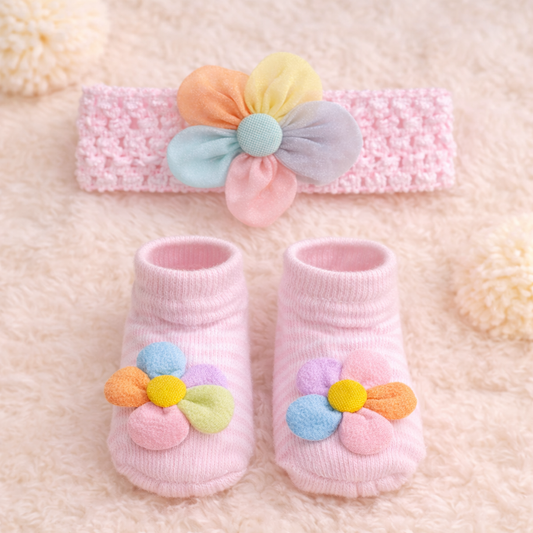 SMILE BABY Flower Headband & Socks Set for Baby Girls – Pastel Multicolor Floral Design (Pink / Multi, White / Multi)