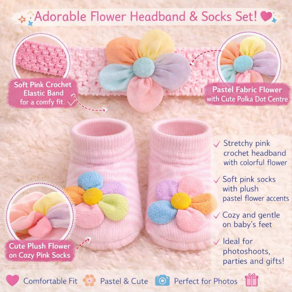SMILE BABY Flower Headband & Socks Set for Baby Girls – Pastel Multicolor Floral Design (Pink / Multi, White / Multi)
