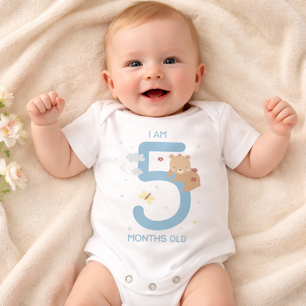 BEN BENNY Baby Milestone Bodysuit – “I Am 5 Months Old” Soft Cotton Bodysuit for Babies, White – Size M