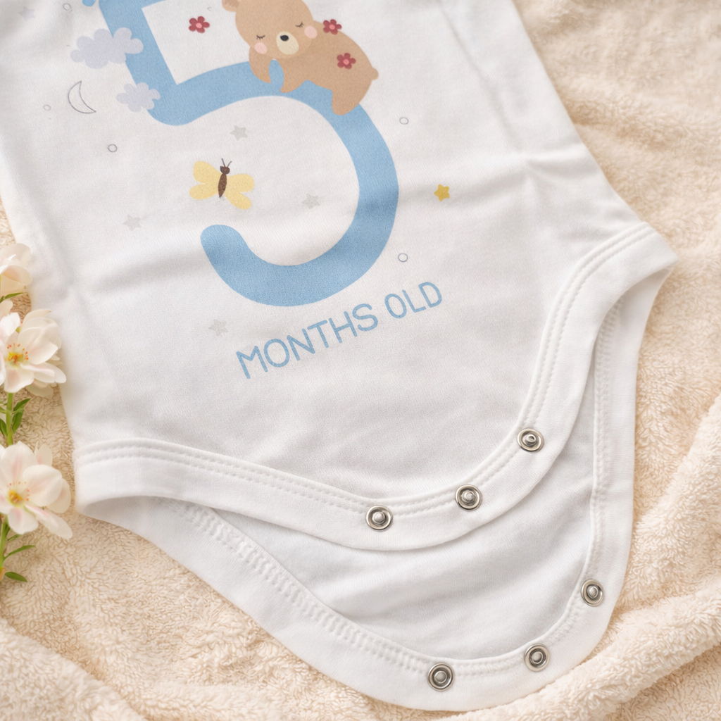 BEN BENNY Baby Milestone Bodysuit – “I Am 5 Months Old” Soft Cotton Bodysuit for Babies, White – Size M