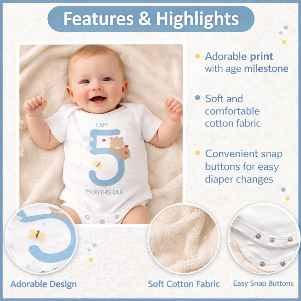 BEN BENNY Baby Milestone Bodysuit – “I Am 5 Months Old” Soft Cotton Bodysuit for Babies, White – Size M