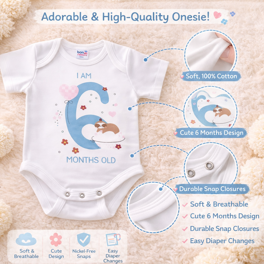 BEN BENNY Baby Onesie – “I Am 6 Months Old” Cute Printed Bodysuit for Babies, Soft Cotton, Easy Snap Closure, Size L