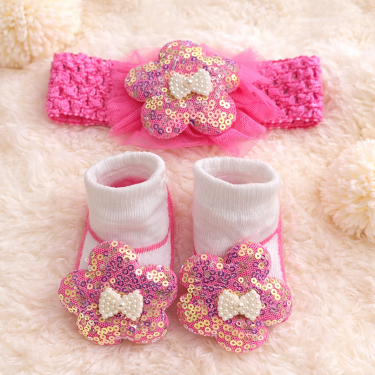 SMILE BABY Sparkly Headband & Socks Set for Baby Girls – Pink Sequin Flower Hairband with Matching Socks