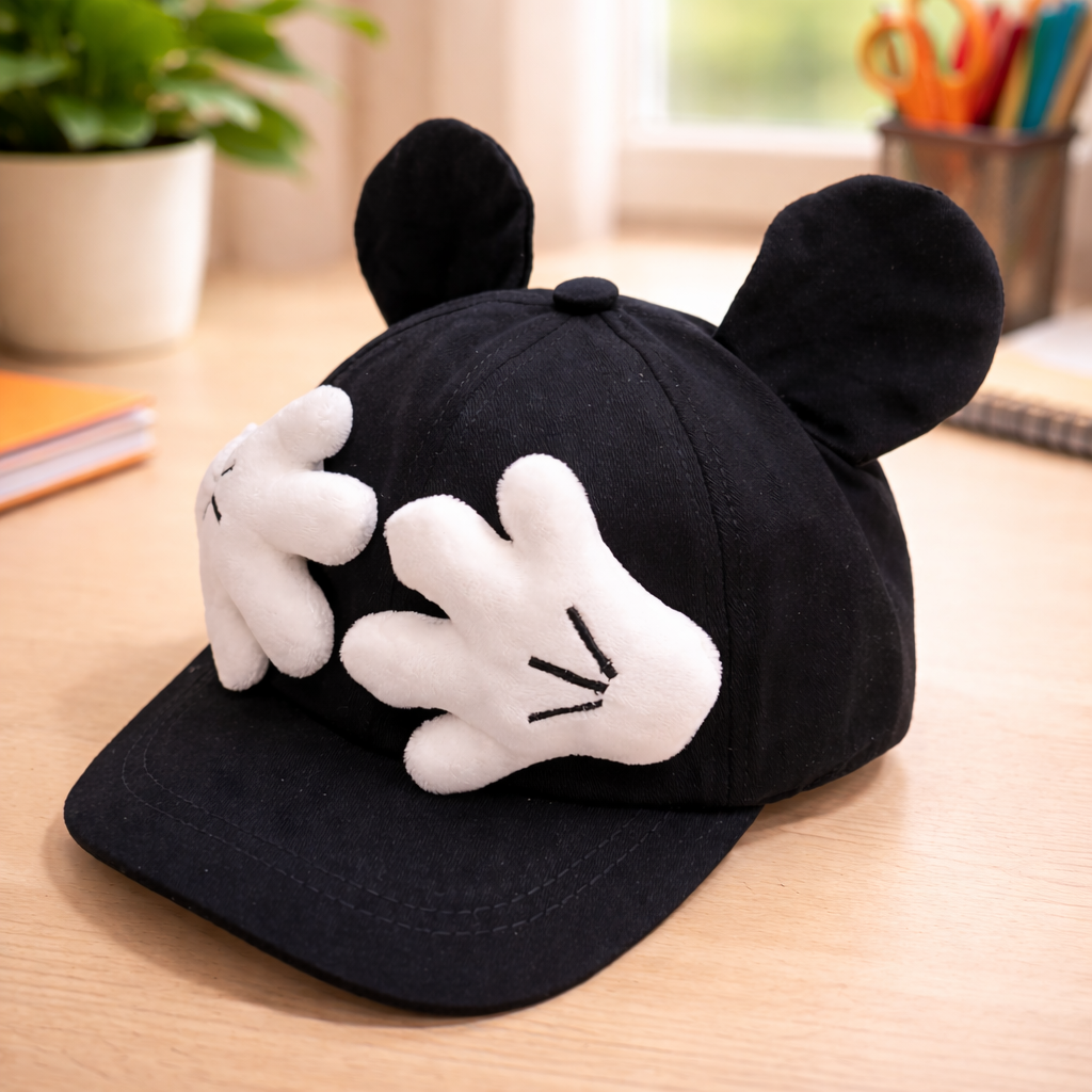 Small Baby Cap (Big Size) – Cute Cartoon Hands & Ears Design | Soft & Comfortable | Colors: BLK, CREAM, RUST
