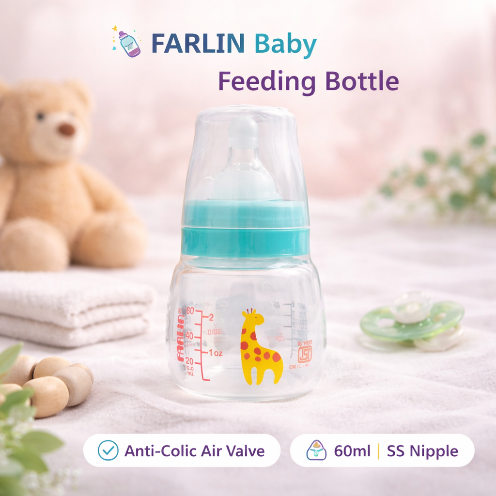 FARLIN Newborns Hygienic Feeding Bottle 60ml (0M+) – SS Silicone Nipple | Anti-Colic | BPA Free | Standard Neck