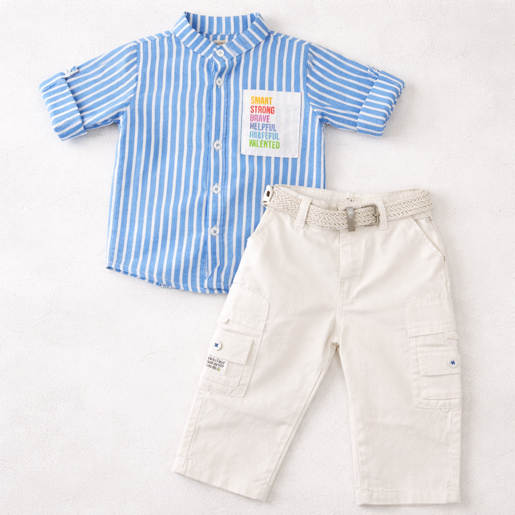 LITTLE COLLARS Blue Striped Shirt & Cargo Pant Set for Boys (1–4 Years)