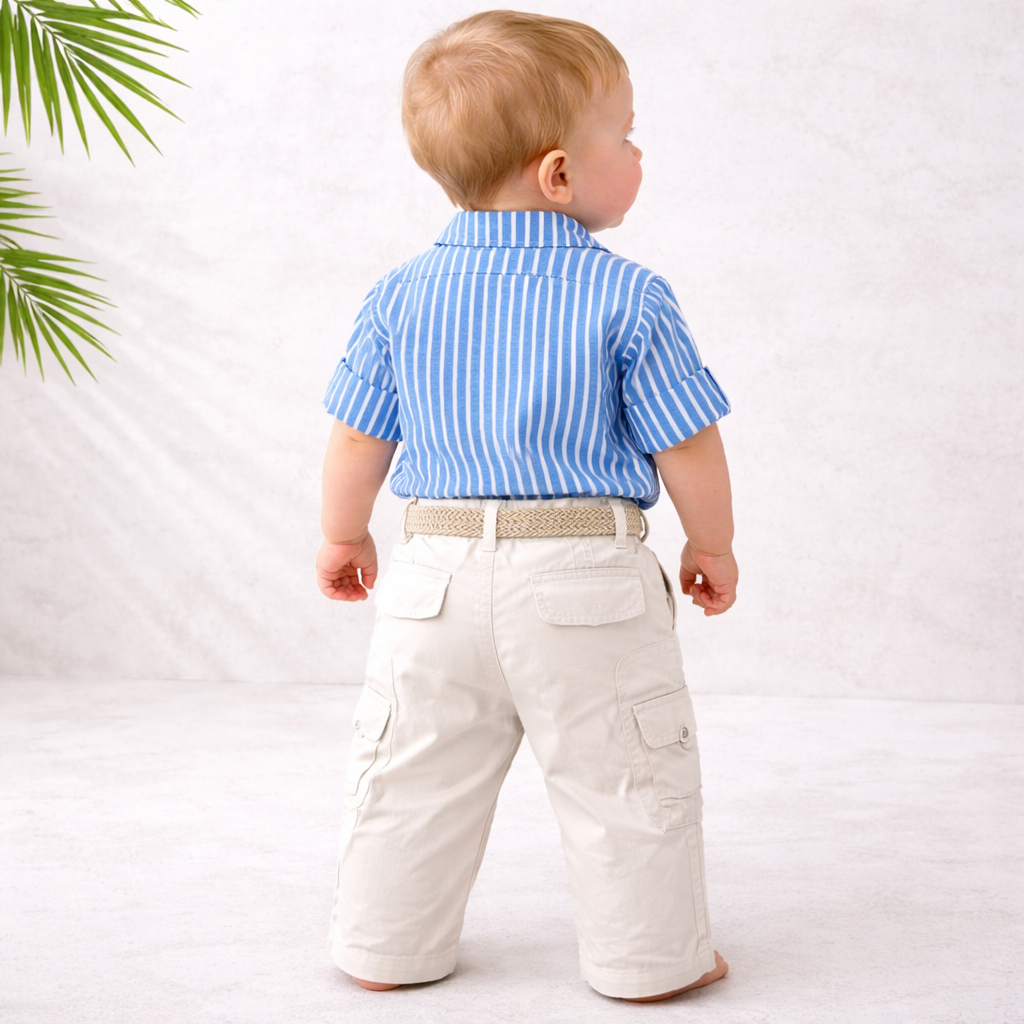 LITTLE COLLARS Blue Striped Shirt & Cargo Pant Set for Boys (1–4 Years)