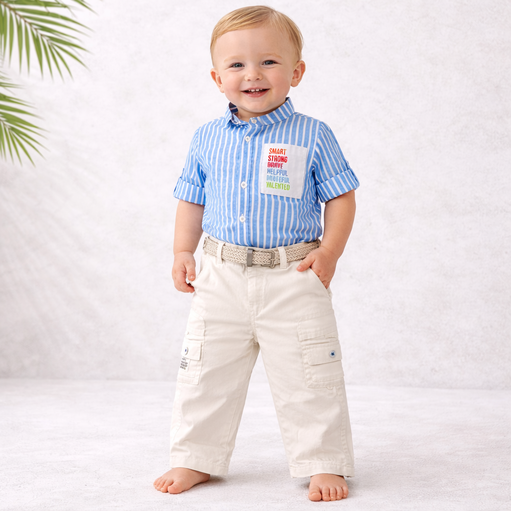 LITTLE COLLARS Blue Striped Shirt & Cargo Pant Set for Boys (1–4 Years)