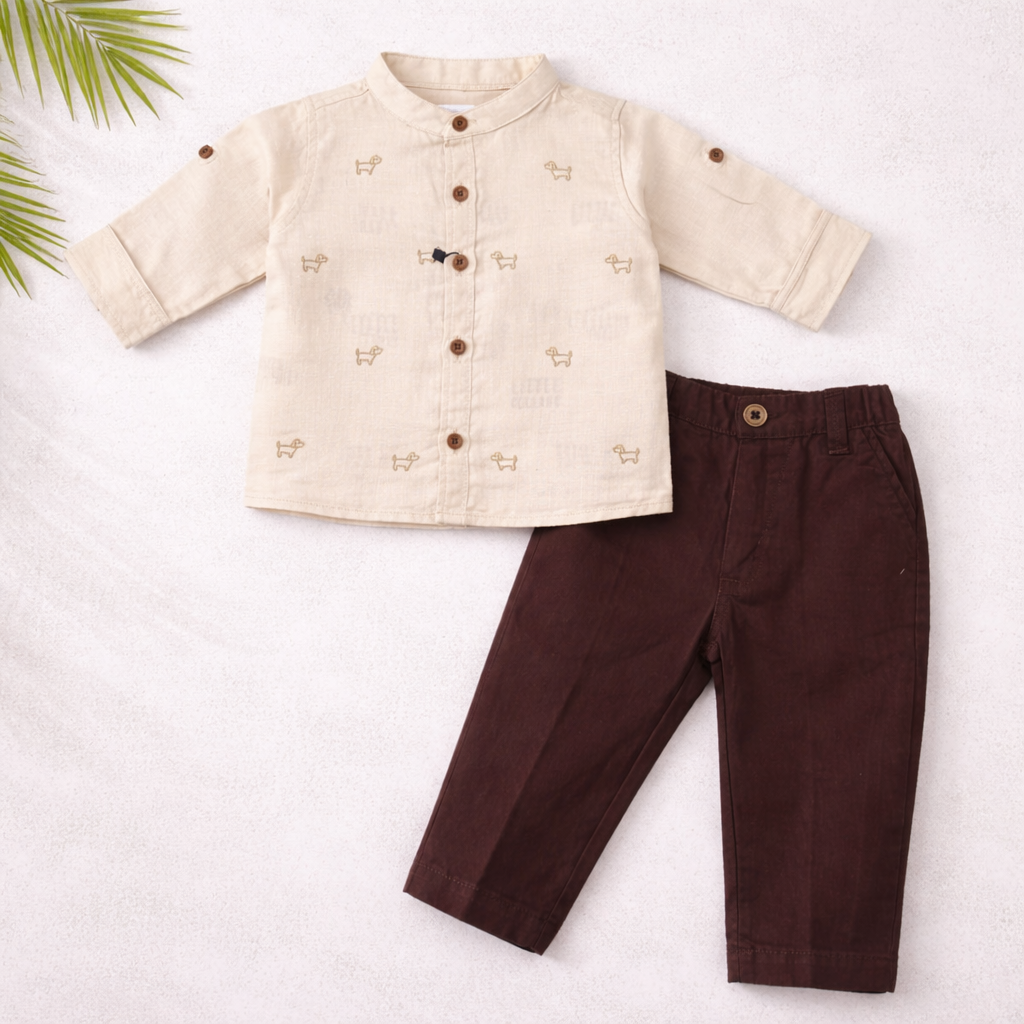 KIDZELLO Khakhi Cotton Shirt & Brown Pant Set for Baby Boys (6–18 Months)