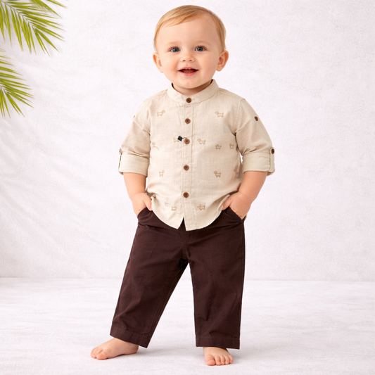 KIDZELLO Khakhi Cotton Shirt & Brown Pant Set for Baby Boys (6–18 Months)