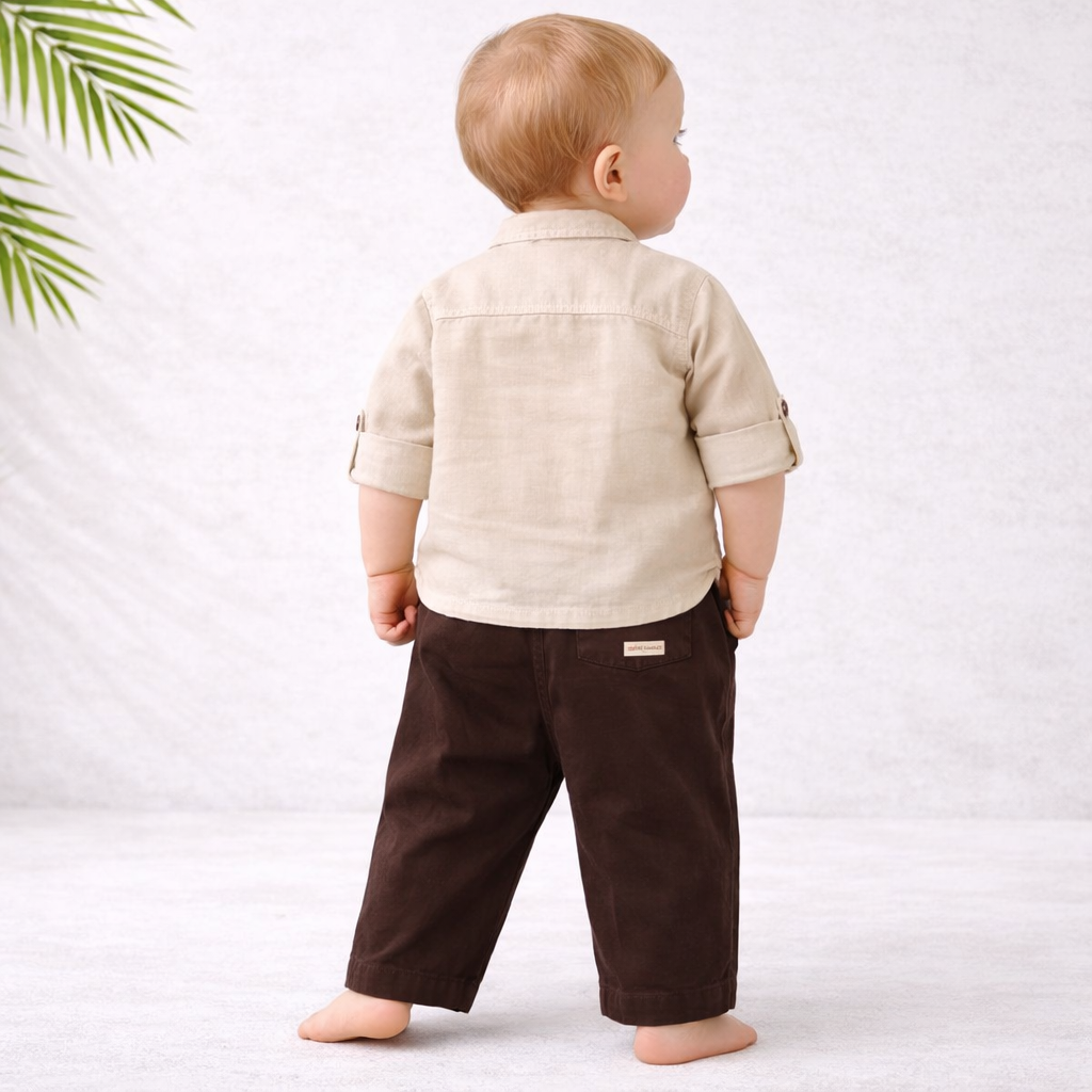 KIDZELLO Khakhi Cotton Shirt & Brown Pant Set for Baby Boys (6–18 Months)
