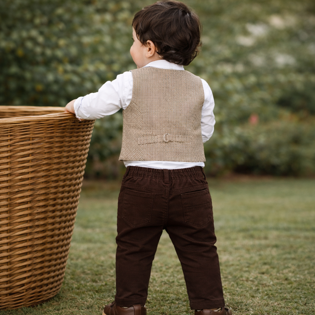 LITTLE COLLARS Boys Formal Shirt & Pant Set with Bow Tie (Khaki Vest Style), 18 Months – 4 Years