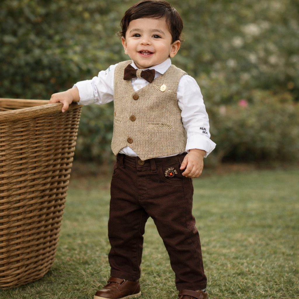 LITTLE COLLARS Boys Formal Shirt & Pant Set with Bow Tie (Khaki Vest Style), 18 Months – 4 Years