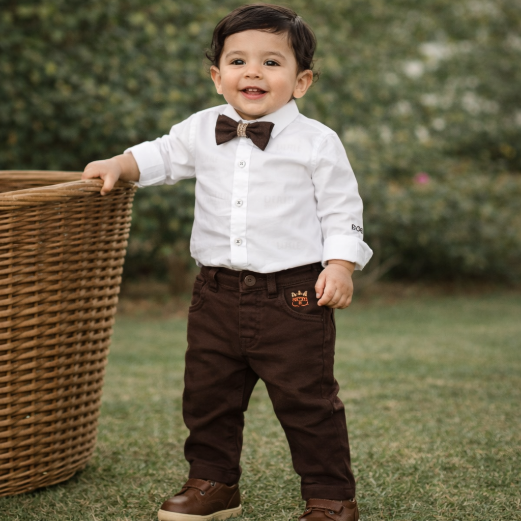 LITTLE COLLARS Boys Formal Shirt & Pant Set with Bow Tie (Khaki Vest Style), 18 Months – 4 Years