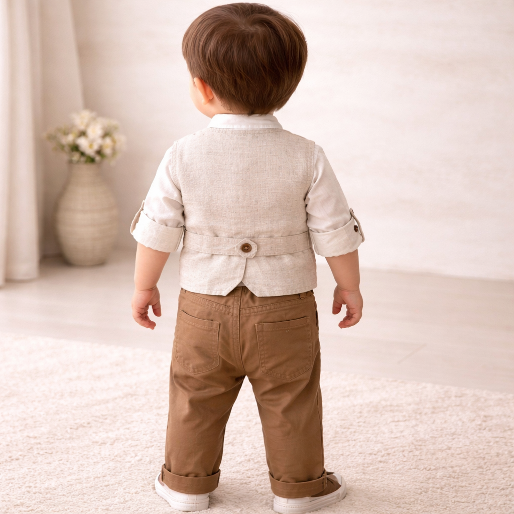 BEIGE Little Collars Boys Set (18 Months to 4 Years) – Shirt, Waistcoat & Pant Formal Outfit