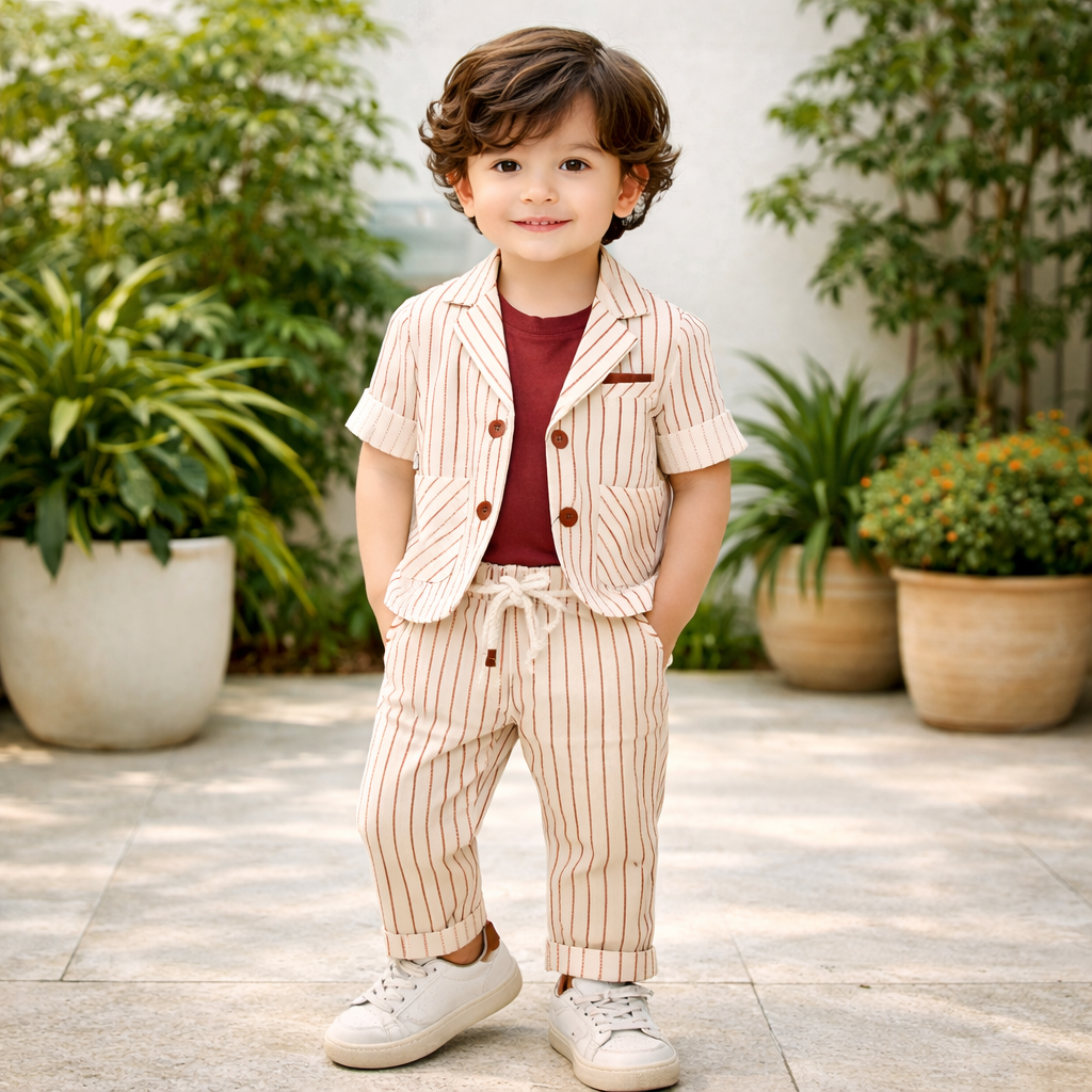 KIDZELLO Boys Rust 3-Piece Clothing Set (6–18 Months) – Striped Blazer, Sleeveless T-Shirt & Pants Outfit