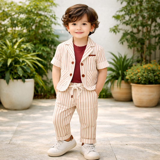 KIDZELLO Boys Rust 3-Piece Clothing Set (6–18 Months) – Striped Blazer, Sleeveless T-Shirt & Pants Outfit