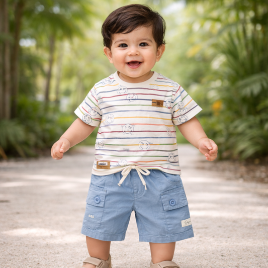 KIDZELLO Striped Smiley Co-Ord Set for Baby Boys (0–24M) – Cotton T-Shirt & Cargo Shorts Outfit