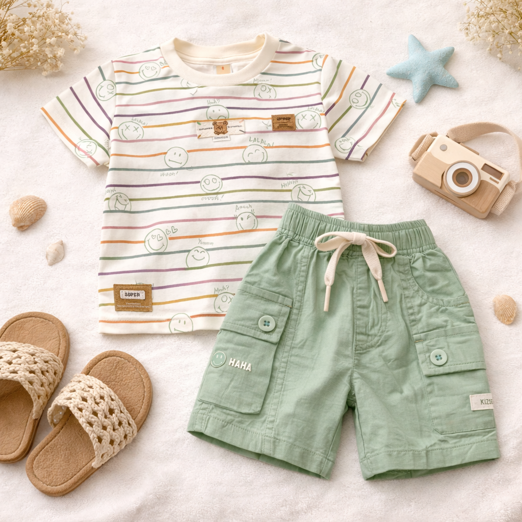 KIDZELLO Striped Smiley Co-Ord Set for Baby Boys (0–24M) – Cotton T-Shirt & Cargo Shorts Outfit