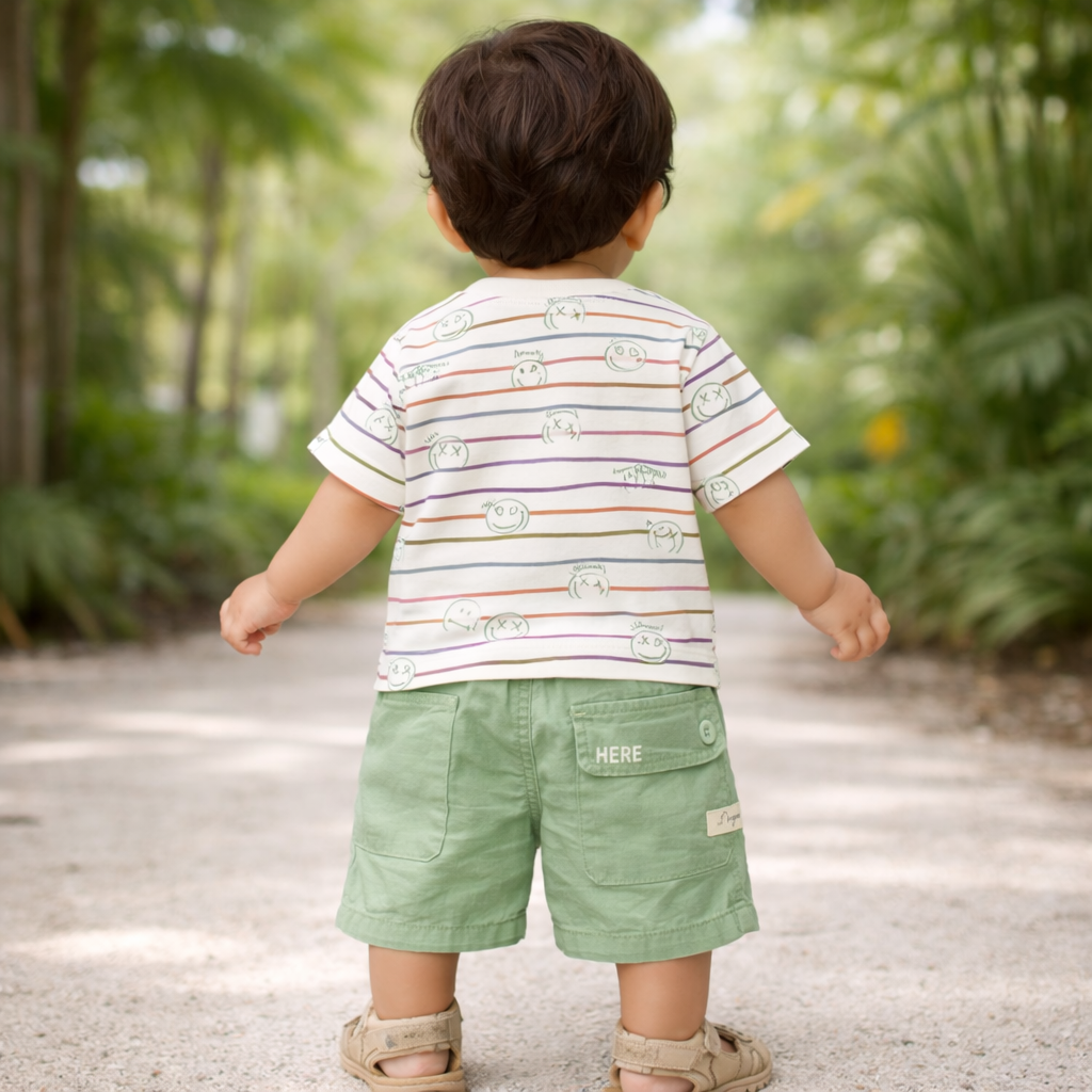 KIDZELLO Striped Smiley Co-Ord Set for Baby Boys (0–24M) – Cotton T-Shirt & Cargo Shorts Outfit