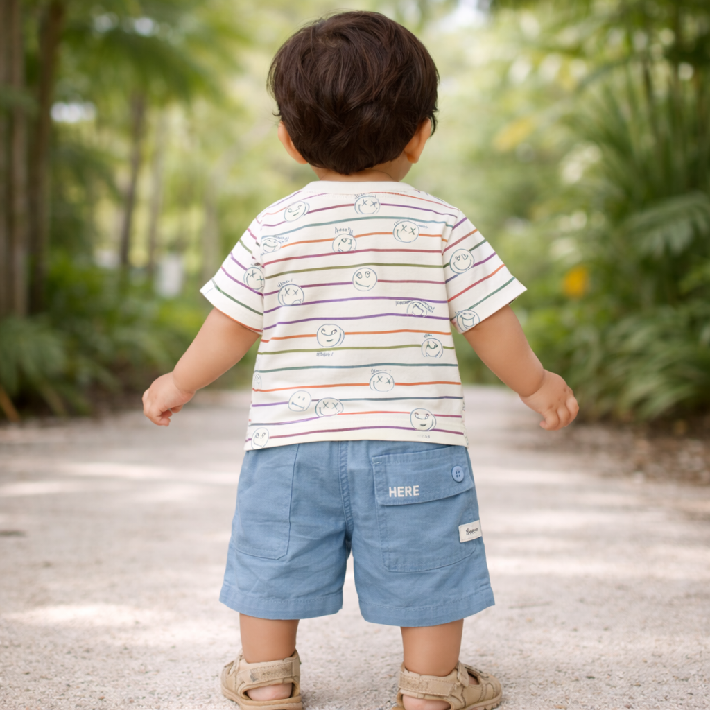 KIDZELLO Striped Smiley Co-Ord Set for Baby Boys (0–24M) – Cotton T-Shirt & Cargo Shorts Outfit