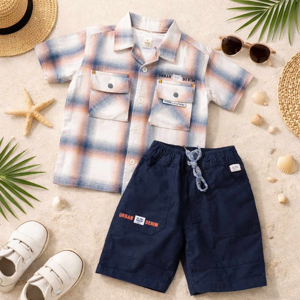 KIDZELLO Boys Peach Checked Shirt with Denim Shorts Set | Summer Casual Outfit | 6 Months – 3 Years