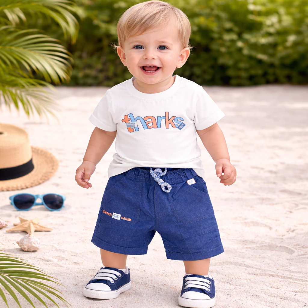 KIDZELLO Boys Peach Checked Shirt with Denim Shorts Set | Summer Casual Outfit | 6 Months – 3 Years