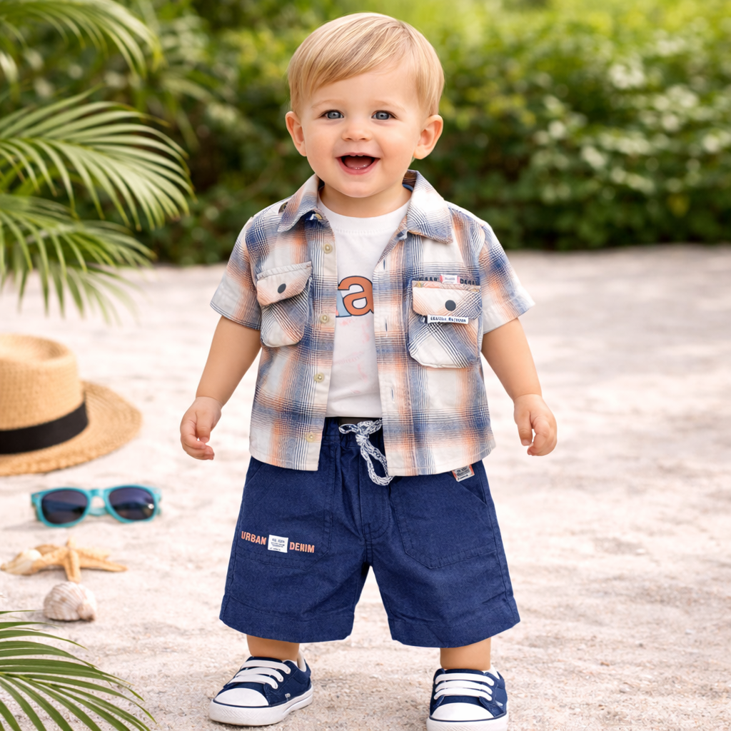 KIDZELLO Boys Peach Checked Shirt with Denim Shorts Set | Summer Casual Outfit | 6 Months – 3 Years