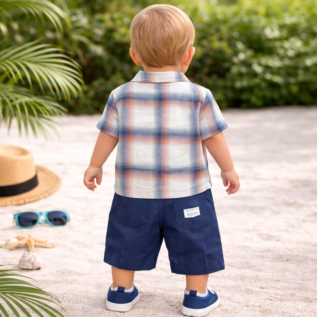 KIDZELLO Boys Peach Checked Shirt with Denim Shorts Set | Summer Casual Outfit | 6 Months – 3 Years