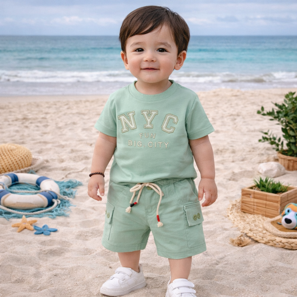 KIDZELLO Baby Boys Cotton Co-Ord Set – NYC Print T-Shirt & Cargo Shorts (6M to 3 Years)