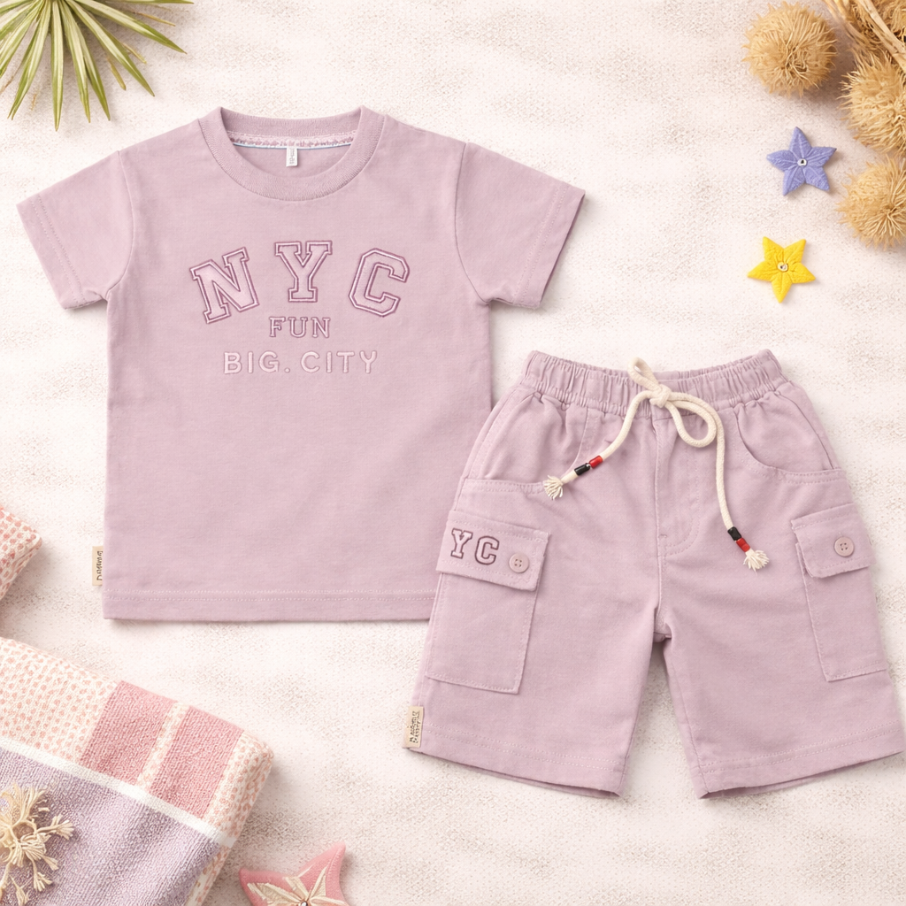 KIDZELLO Baby Boys Cotton Co-Ord Set – NYC Print T-Shirt & Cargo Shorts (6M to 3 Years)