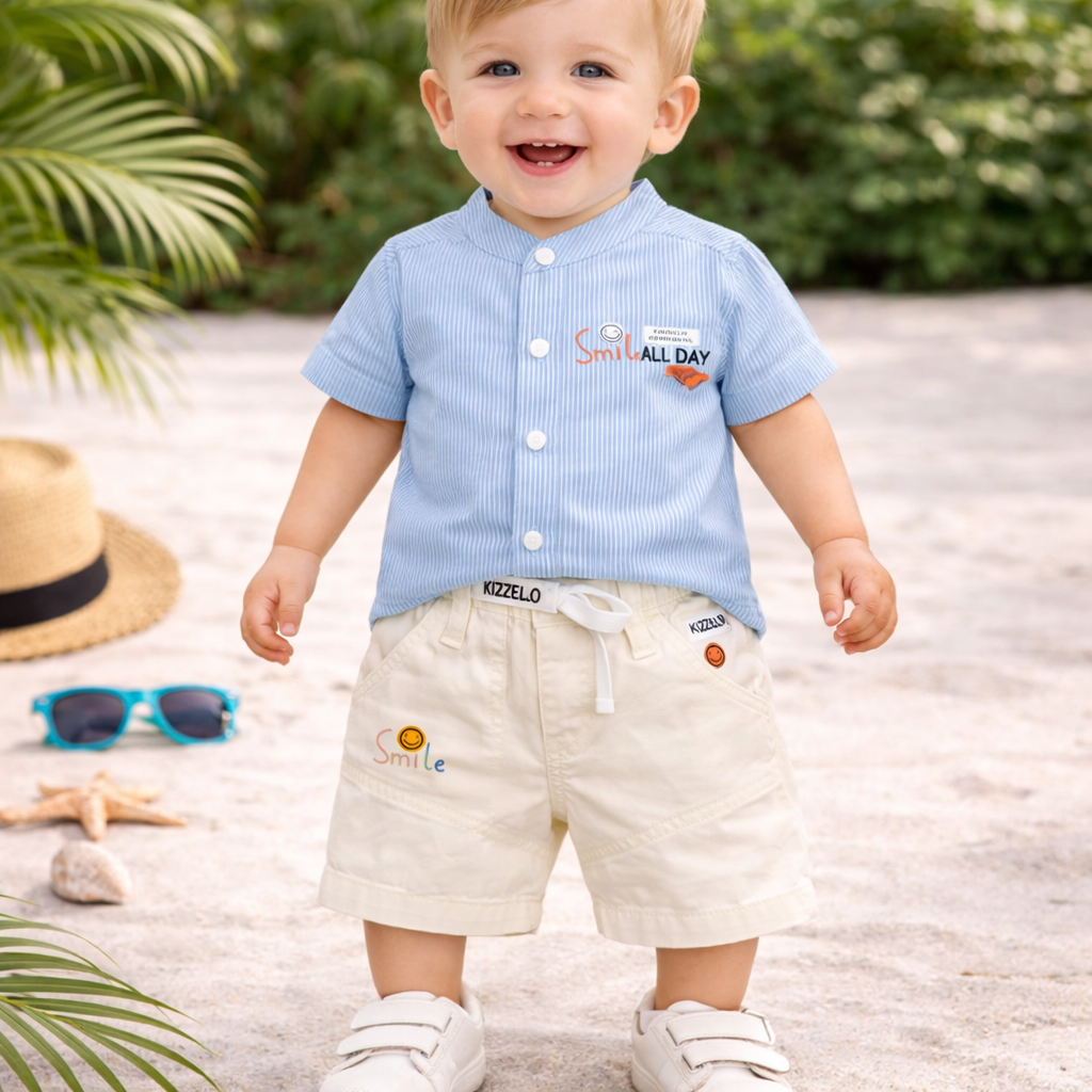 KIDZELLO Smile All Day Summer Co-Ord Set for Baby Boys (0–24 Months) – Soft Cotton Shirt & Shorts – Peach & Sky