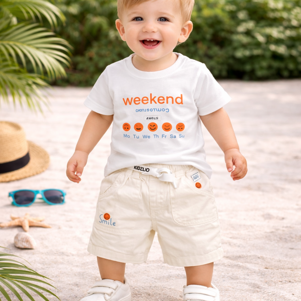 KIDZELLO Smile All Day Summer Co-Ord Set for Baby Boys (0–24 Months) – Soft Cotton Shirt & Shorts – Peach & Sky