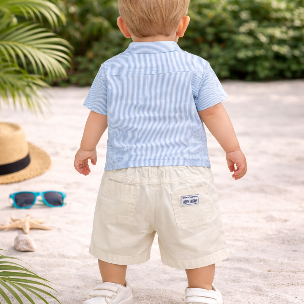 KIDZELLO Smile All Day Summer Co-Ord Set for Baby Boys (0–24 Months) – Soft Cotton Shirt & Shorts – Peach & Sky