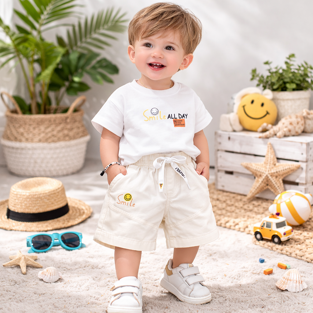 KIDZELLO Smile All Day Summer Co-Ord Set for Baby Boys (0–24 Months) – Soft Cotton Shirt & Shorts – Peach & Sky