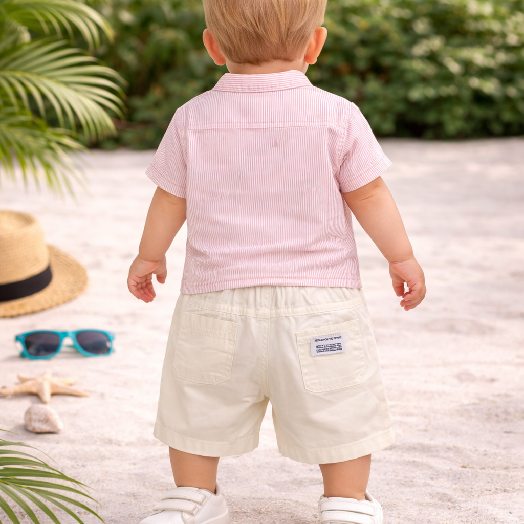 KIDZELLO Smile All Day Summer Co-Ord Set for Baby Boys (0–24 Months) – Soft Cotton Shirt & Shorts – Peach & Sky