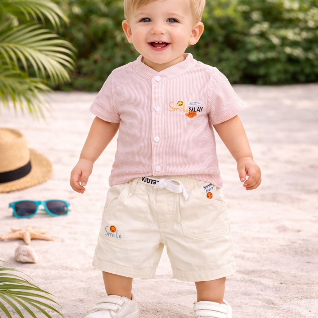 KIDZELLO Smile All Day Summer Co-Ord Set for Baby Boys (0–24 Months) – Soft Cotton Shirt & Shorts – Peach & Sky
