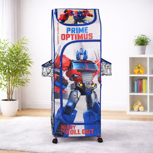 DISNEY Kids Portable Fabric Wardrobe with Transformers Optimus Prime Theme – Multi-Shelf Storage Unit with Wheels & Side Pockets