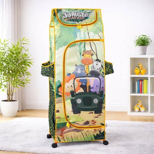 DISNEY Kids Portable Fabric Wardrobe – Jungle Safari Theme | Multi-Shelf Storage Organizer with Wheels & Side Pockets