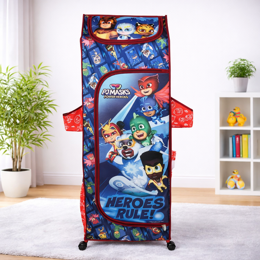 DISNEY Kids Portable Fabric Wardrobe with PJ Masks Theme – 5-Tier Storage Organizer with Zip Door, Side Pocket & Wheels