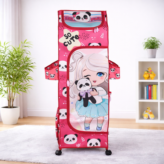 DISNEY Kids Portable Fabric Wardrobe with Panda Print – 5-Shelf Storage Organizer with Zip Door, Side Pockets & Wheels (Pink)
