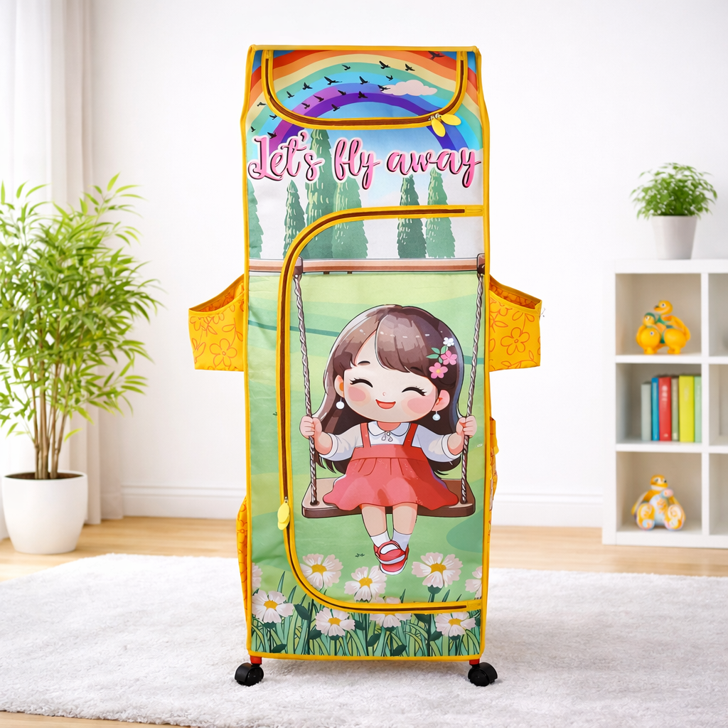DISNEY Kids Portable Fabric Wardrobe with Wheels – “Let’s Fly Away” Theme Storage Organizer for Clothes, Toys & Books