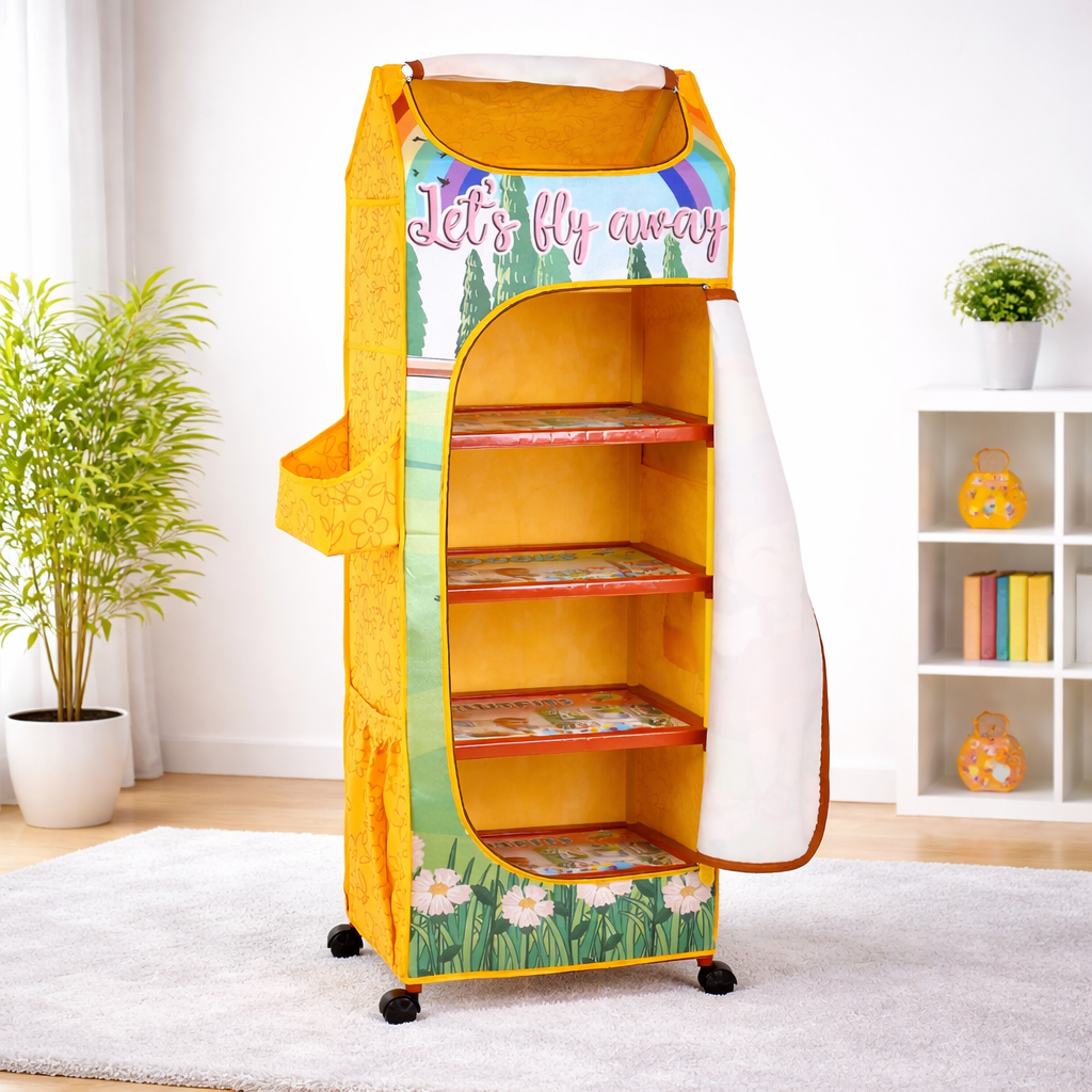 DISNEY Kids Portable Fabric Wardrobe with Wheels – “Let’s Fly Away” Theme Storage Organizer for Clothes, Toys & Books
