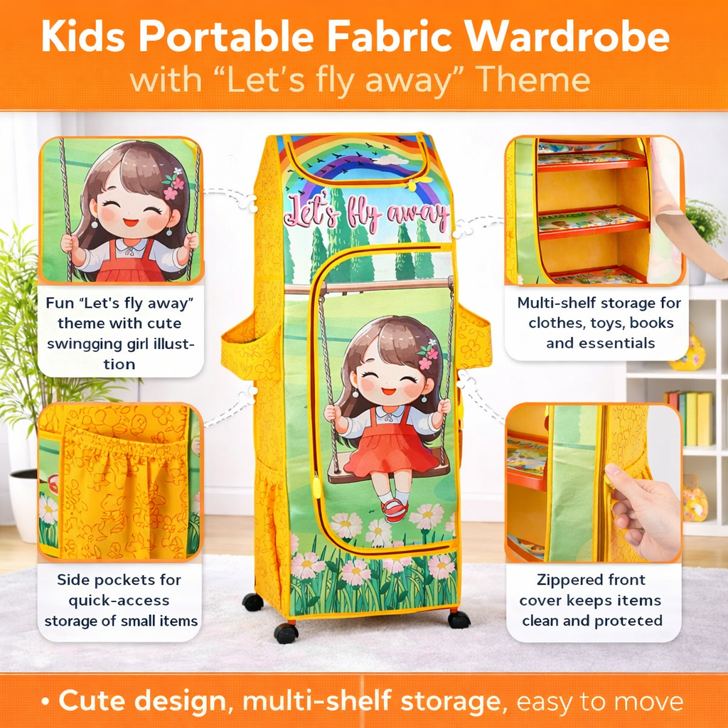 DISNEY Kids Portable Fabric Wardrobe with Wheels – “Let’s Fly Away” Theme Storage Organizer for Clothes, Toys & Books